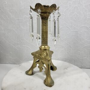 Antique Brass Candlesticks 11" Gold Candle Holder Crystal Prisms Ornate Art Deco
